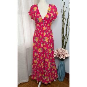 Betsey Johnson Rose Floral Maxi Dress Ruffle Tiered Pink Raspberry Cotton LARGE